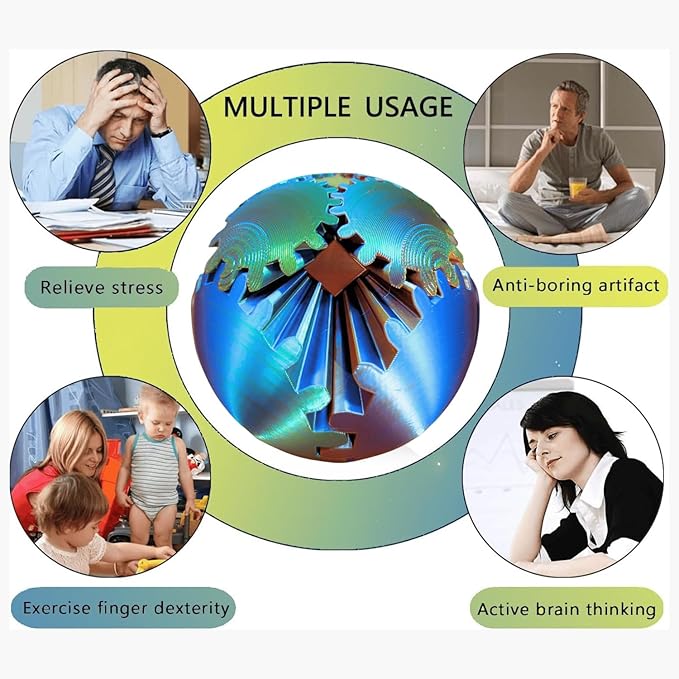 GearSphere 4.2in 3D Printed Gear Sphere Spin Ball Cube Fidget Toy, Stress Ball, Desk Toy for Anxiety Relaxing (Laser Blue Gold)