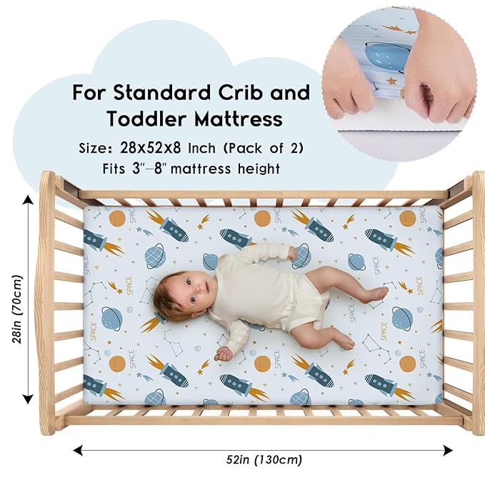 Yoofoss Baby Crib Sheets for Boys Girls, Fitted Crib Sheet 2 Pack for Standard Crib and Toddler Mattress, Super Soft Microfiber Baby Sheet 28x52x8in(Blue Rocket)