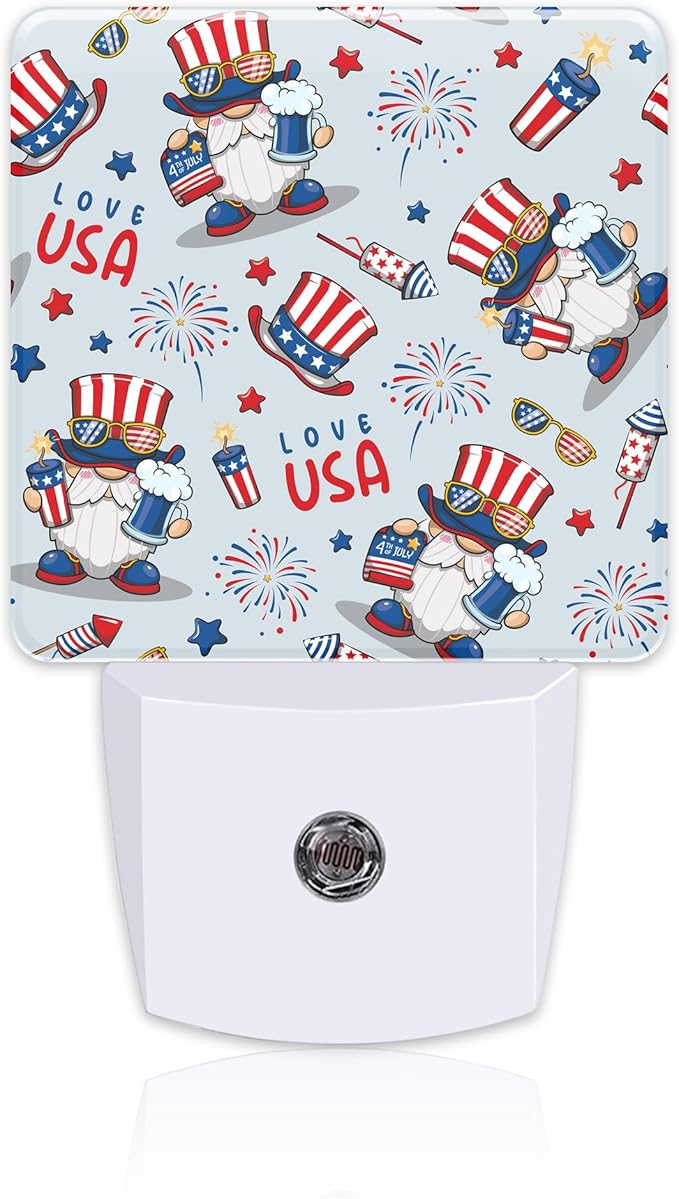 Cute American Patriotic Gnomes Night Light Plug into Wall, USA Flag Love USA Dusk to Dawn Night Light Plug in,0.5w Energy Saving Sleep Friendly NightLight for Kids Boys Girls Home Decor