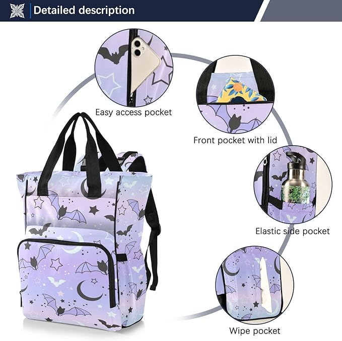 Diaper Bag Backpack Cute Bats Starry Sky Travel Diaper Bags for Women, 10L Functional Baby Changing Bag with Insulted Pockets, Stroller Straps