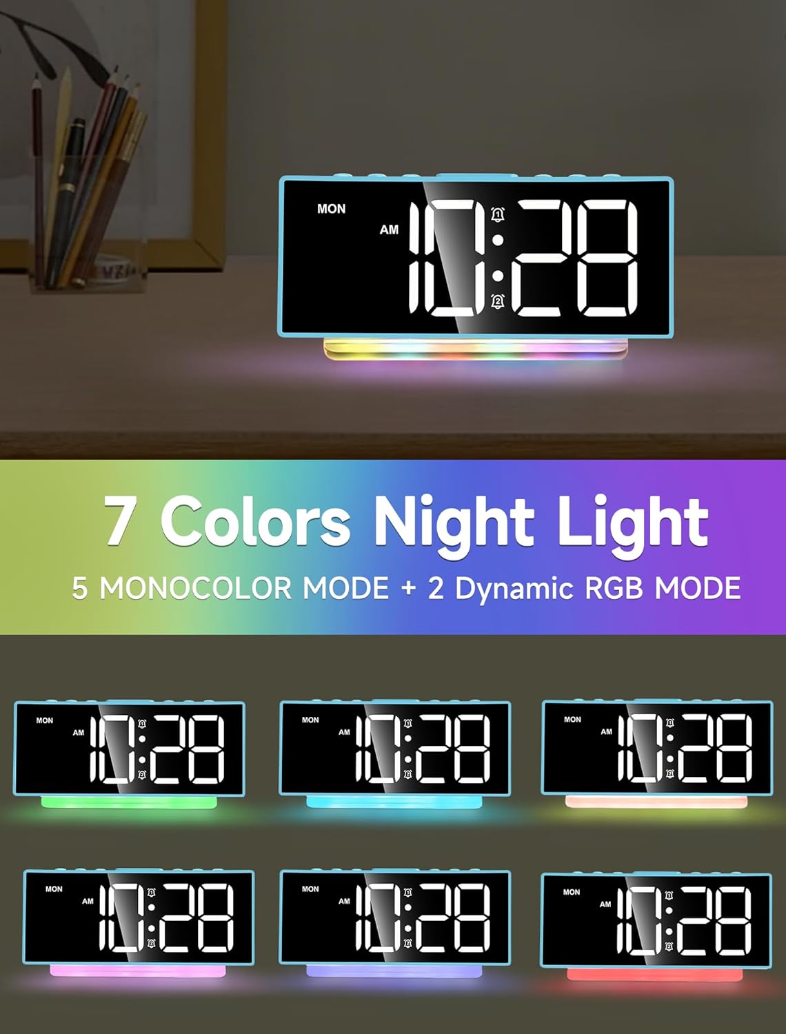 Cadmos Loud Alarm Clock for Heavy Sleepers Adults,Kids,Teens,Digital Desk Clock with USB Port,Large Numbers,7 Color Night Light,Modern Electronic Plug in Simple Clock for Bedroom(Blue+Dynamic)