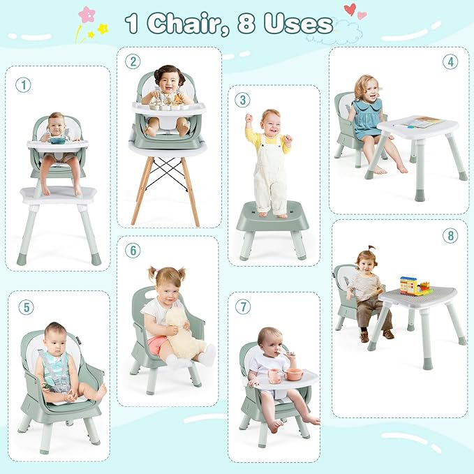 KOTEK Baby High Chair, 8 in 1 Convertible Highchairs for Babies and Toddlers, Building Block Table, Booster Seat, Toddler Chair with Removable Tray, Safety Harness, Dual Cushions (Green)