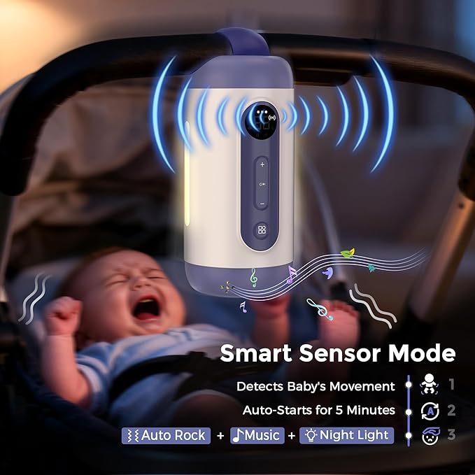 Rechargeable Hands-Free Baby Rocker & Sleep Soother – Portable Vibration Device with 6 Levels, 21 Melodies & Smart Sensor – Fits Most Strollers, Car Seats & Baby Gear, Travel Essential for Newborns