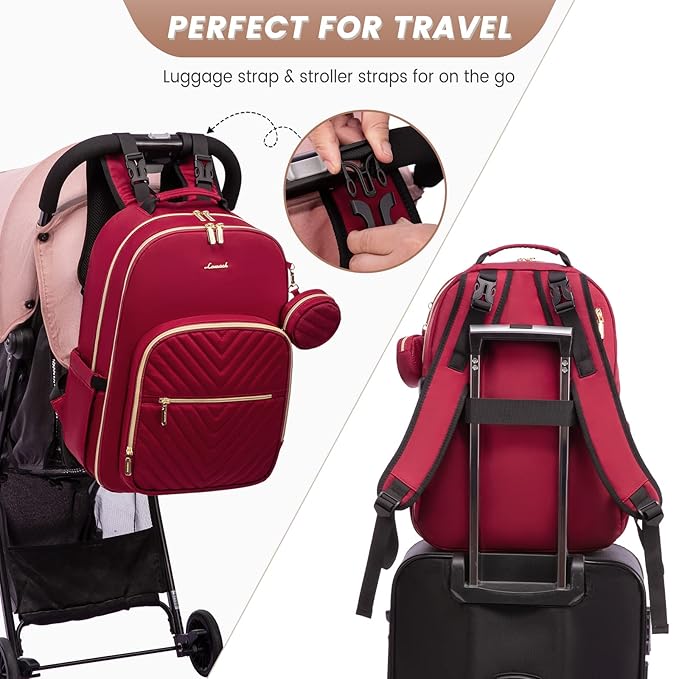 LOVEVOOK Diaper Bag Backpack, Quilted Baby Bag with Changing Pad & Pacifier Holder, Waterproof Travel Diaper Bags for Baby Boys Girls, Stylish and Large Capacity,Wine Red