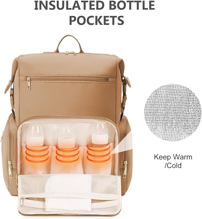 CEI-CEI Neoprene Diaper bag Backpack Waterproof Baby Changing Bags for Mom and Dad with Changing Pad Large Travel Maternity Tote with Insulated Pockets and Organised Compartments (Oat)