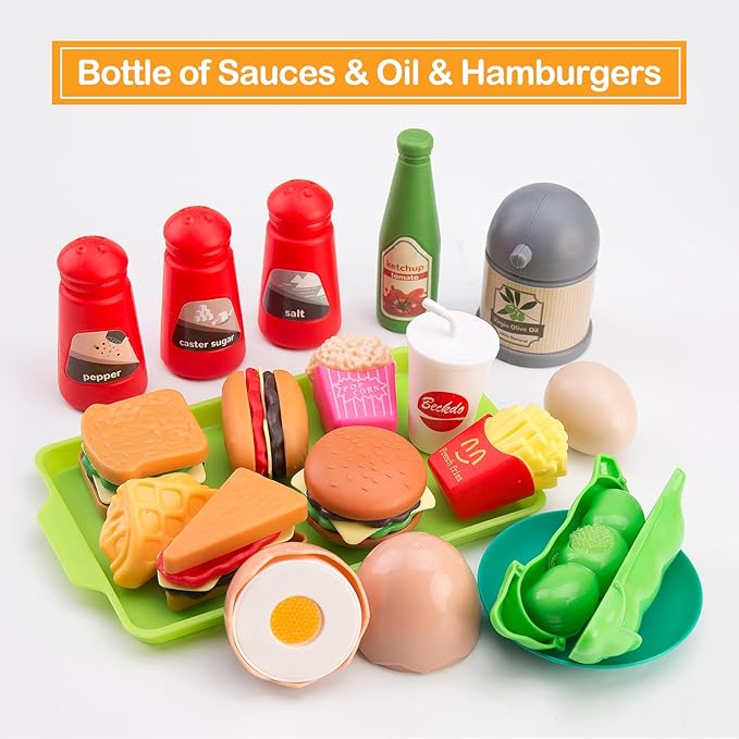 105Pcs Kids Kitchen Toy Accessories, Toddler Pretend BBQ Camping Cooking Playset, Play Pots, Pans, Utensils Cookware Toys, Play Food Set, Vegetables, Learning Gift for Girls Boys