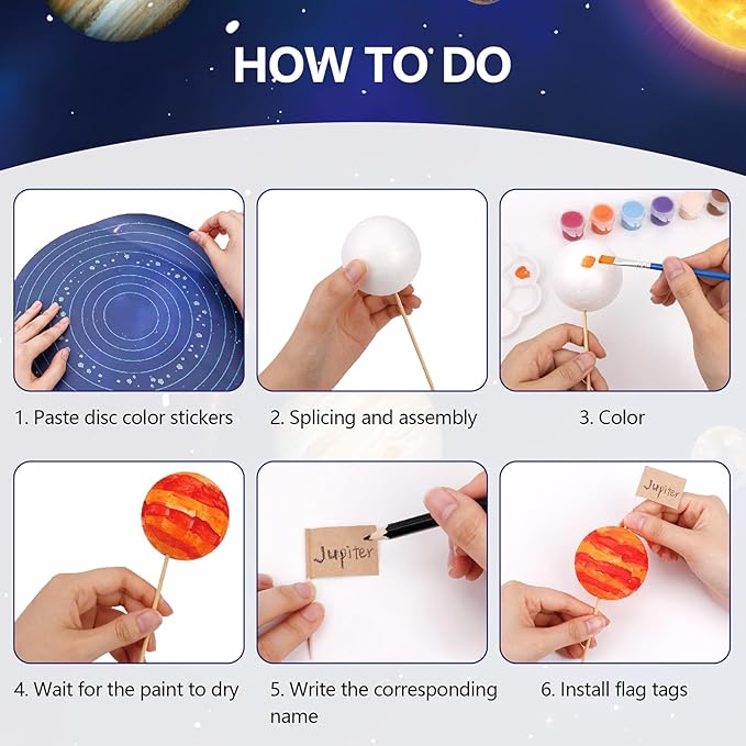 Ayfjovs Solar System Model Kit, Solar System Foam Balls Crafts for Kids School Projects to Learn Planets, Includes Mixed Sizes Polystyrene Balls, Pigments, Flags, Brushes, Bamboo Sticks for DIY