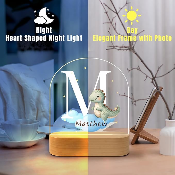 Custom Baby Gift Night Light for Baby Boys Girls Nursery Decor, Personalized Initial Name LED Night Light with Wooden Base, LED Color-Changing Lamp for Toddlers Kids
