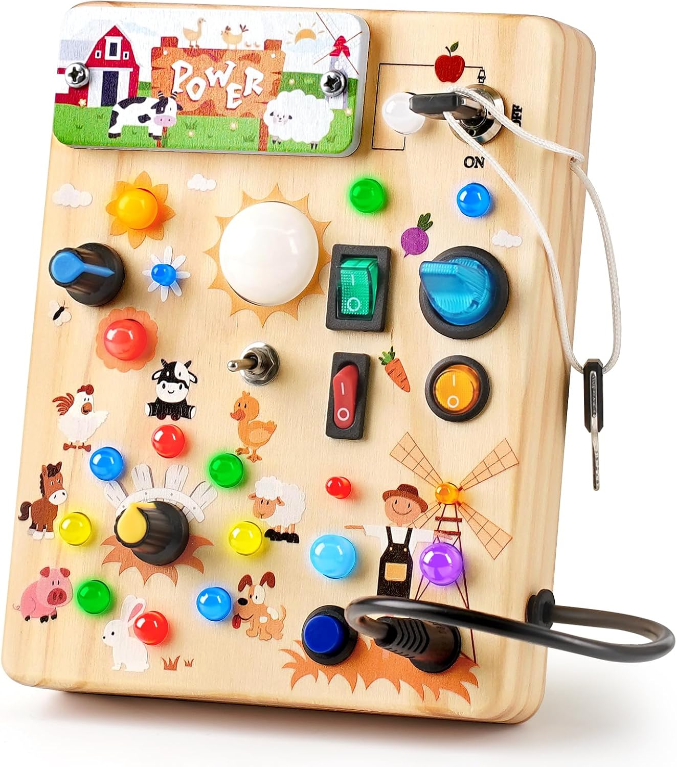 Joyreal Wooden Busy Board with LED Light, Montessori Toddler Toys, Wooden Sensory Board, Toddlers Activity Travel Toys for Boy & Girl Birthday Gift (Farm Theme)