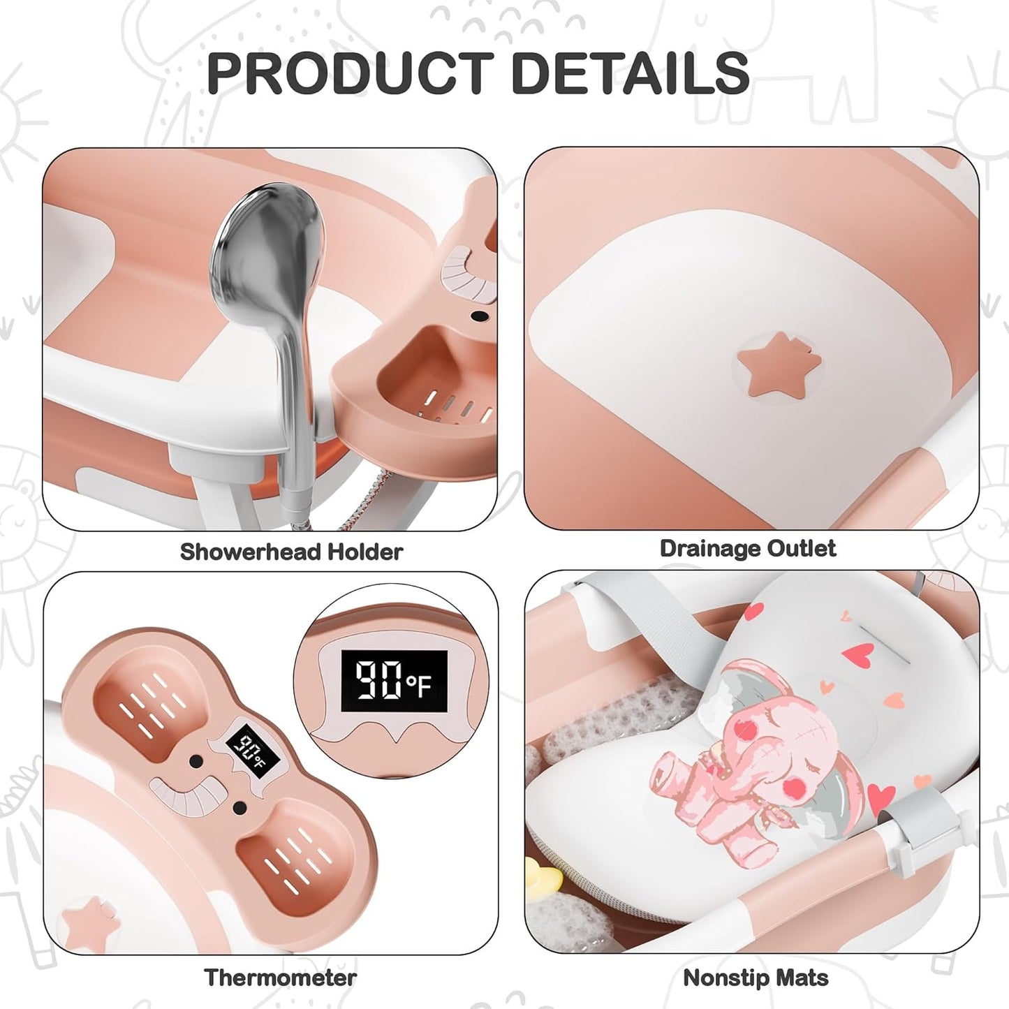 Collapsible Baby Bathtub,Baby Bath Tub with Soft Cushion & Thermometer,Baby Bathtub Newborn to Toddler 0-36 Months,Portable Travel Baby Tub