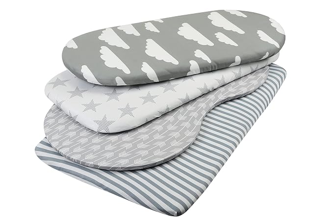 Onacosht Bassinet Sheets for Baby Boy and Girl, Stretchy Breathable Fitted Sheet Universal for Bassinet Cradle Hourglass Oval Rectangle Pad/Mattress, 4 Pack Stripe Star Cloud and Arrow Printing