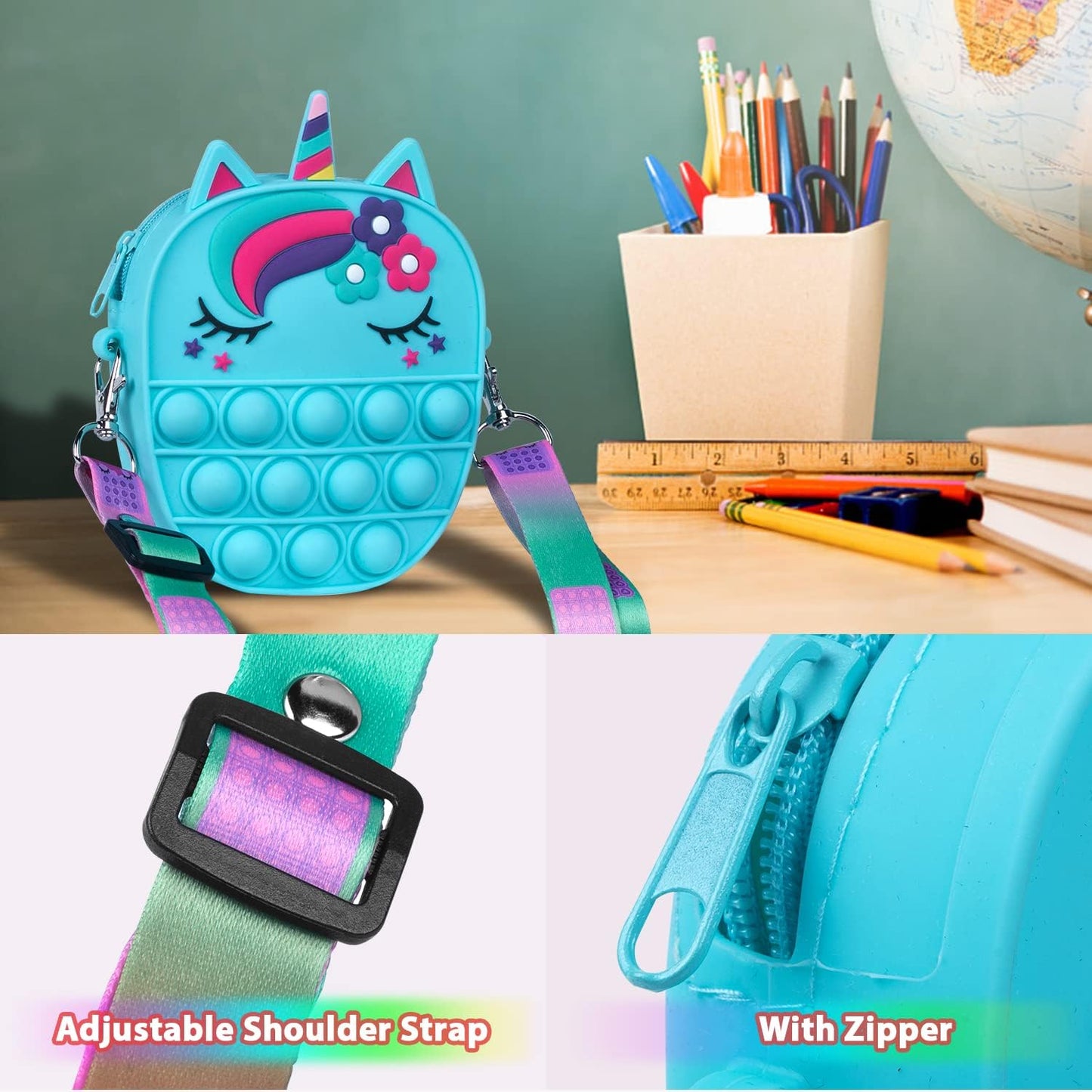 Pop Bag it, Fidget Bag, Pop Purse for Girl and Women Pop Bag with Unicorn Pop Toy, Anti Stress Silicone Poppet Bag Fidget Shoulder Bag, Best Gifts