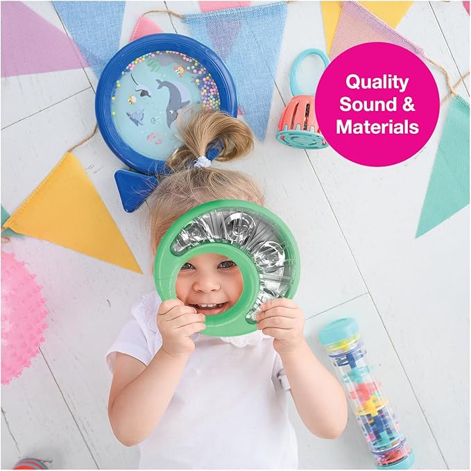 Edushape Classic Tambourine for Kids, Green - Percussion Musical Instrument Baby Tambourine for Toddlers 1-3, Kids Tambourine Fun Tummy Time, Fine Motor, Auditory and Visual Sensory Development