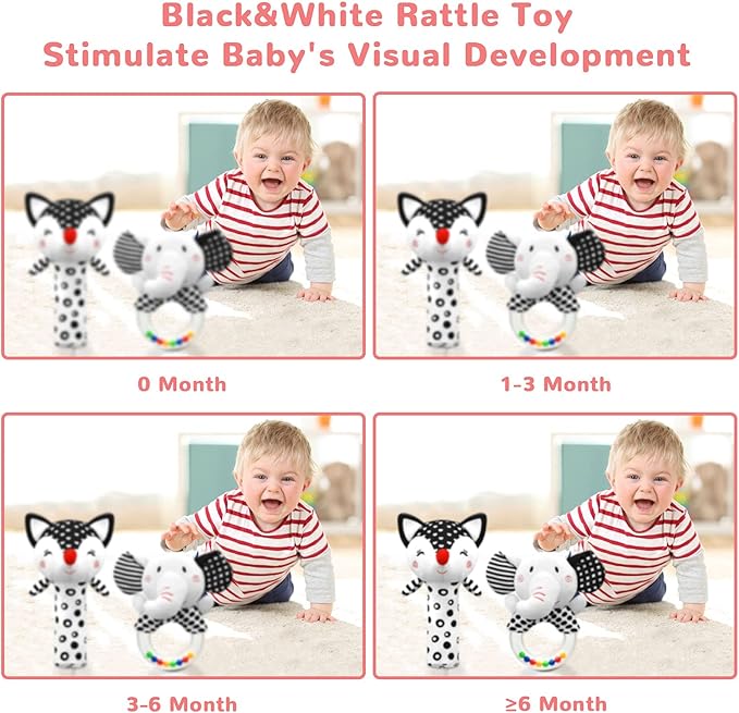 Baby Rattles 0-6 Months Newborn Toys Infant Toys 0-3 Months Rattles for Babies 0-6 Months Baby Toys 0-6 Months, Black and White High Contrast Plush Stuffed Baby Toys for 0 3 6 9 12 Months Girls Boys