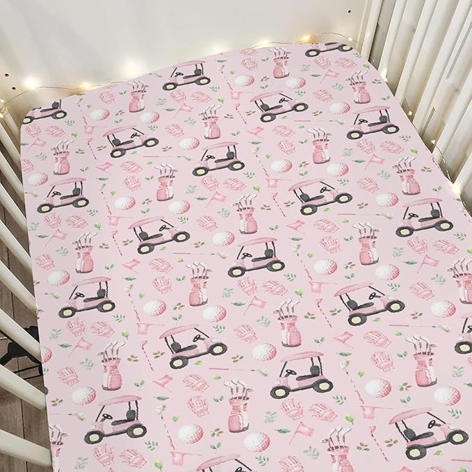 Golf Baby Crib Sheets for Boy Girl 28"x52" Sports Golfing Soft Stretchy Fitted Crib Mattress Cover Golf Lovers Gift Nursery Baby Sheet for Standard Crib and Toddler Bed Mattress Pink