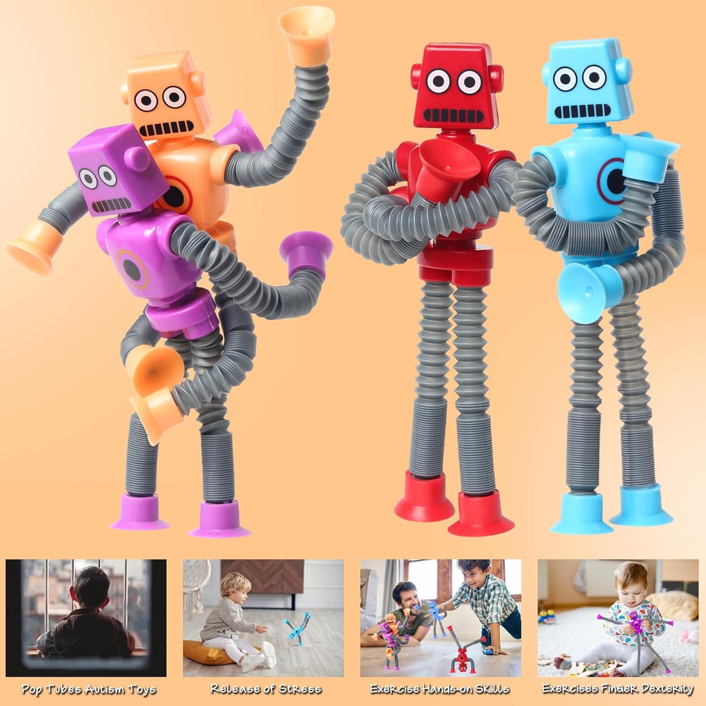 4 Pcs Telescopic Suction Cup Robot Toy, Coolest Pop Tubes Sensory Toys for Toddlers, Educational Fidget Toys Robot Party Favors for Anxiety Kids for 3-9 Year Old Boys Girls
