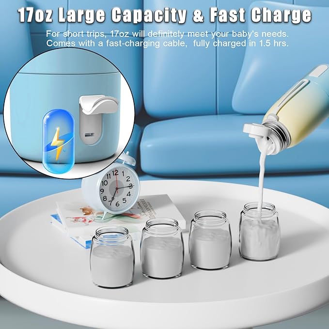 Portable Bottle Warmer, Travel Formula Milk Warmer for Baby, 17oz Water Warmer On The Go with 3min-Rapid-Heat Fast Charge Cordless Formula Warmer Temp Control Baby Travel Essential Xams Gift
