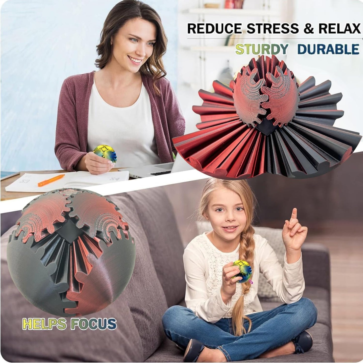 Gear Ball, 3D Printed Gear Ball Spin Ball Cube Fidget Toy, Gear Sphere, Gear Ball Fidget Toy, Stress Ball, GearSphere Desk Toy, Fidget Ball, Gear Toy for Anxiety Relaxing (Laser Dark Red)