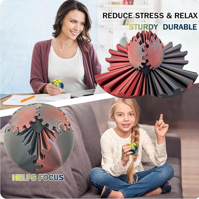 Gear Ball 3D Printed Spin Cube Fidget Toy, Sphere Stress Toy, GearSphere Desk Toy for Anxiety Relaxing (Laser Dark Red)