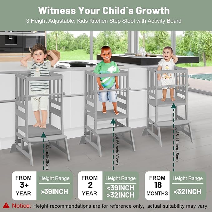COSYLAND Toddler Standing Tower - Adjustable Height Toddler Kitchen Stool Helper - Kids Kitchen Step Stool for Learning with Removable Safety Railing Grey
