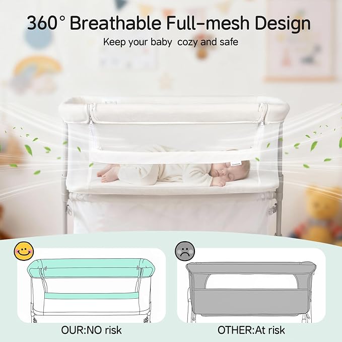 Cowiewie Bassinet Bedside Sleeper,Baby Bassinets Higher Place on Bed,5-Position Adjustment Baby Crib,Breathable 360° Mesh Sides Bedside Bassinet,Space-Saving Bedside Cribs, Height(37.4-41.3") (White)