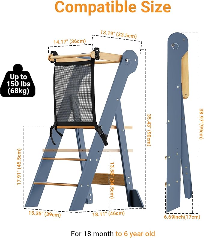 COSYLAND Foldable Toddler Kitchen Stool Helper - Height Adjustable Standing Tower for Bathroom Sink or Kitchen Counter - Step Stool for Toddlers Ages 18 Months to 6 Years Gray & Natural