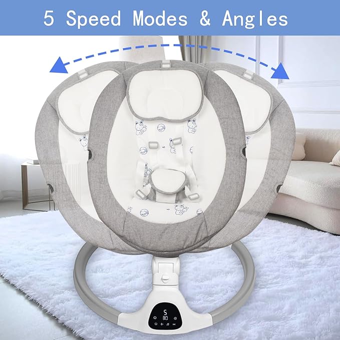Baby Swing for Infants to Toddler Portable Babies Swing Timing Function 5 Swing Speeds Bluetooth Touch Screen Music Speaker with 10 Preset Lullabies 5-Point Carabiner (Light Grey)