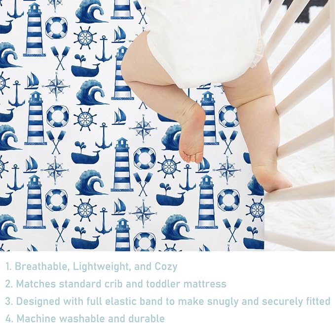 Navy and White Lighthouse Compass Whale Baby Crib Sheet 52''x28'' Nautical Life Fitted Crib Mattress Sheet for Boy Girl Nursery Bed Sheets for Standard Crib and Toddler Mattresses