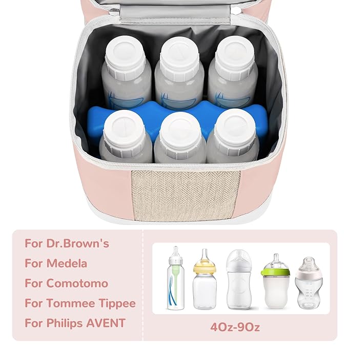 Mancro Breast Milk Cooler Travel Bag with Ice Pack, Double Layer Baby Bottle Cooler Bag Fits 6 Bottles Up to 9 Ounces,Insulated Bottle Bags for Daycare & Travel,Pink