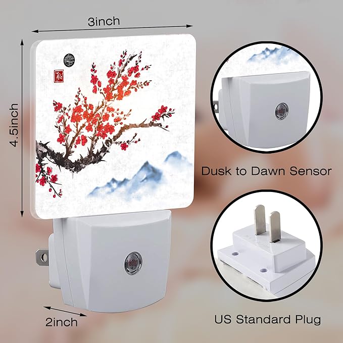 Cherry Blossom and Mountain Night Light, Watercolor Ink Painting Dusk to Dawn Night Light Plug in,0.5w Energy Saving Sleep Friendly NightLight for Kids Boys Girls Home Decor