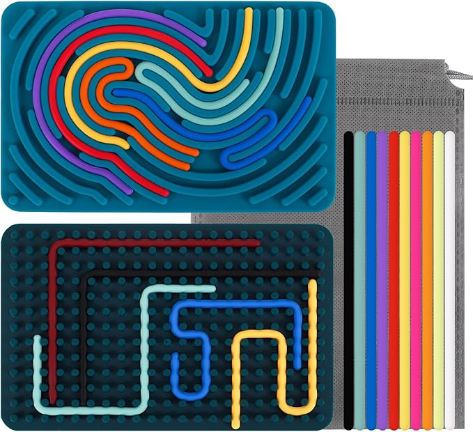 2PCS Sensory Activity Board, Silicone Fidget Toys for Anxiety, ADHD, Autism Stress Relief | Kids 3+ & Adults | Portable Travel Bag & 20 Strings, Dark Green & Blue