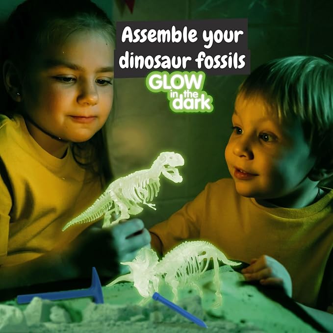 Science4you Dinosaur Fossil Excavation Kit 2 in 1 - Glow-in-The-Dark Fossil Digging Kit for Kids, Build 2 Dinosaur Fossils, 22 Pieces, Archeology Set - Dinosaur Toys, Games for Boys and Girls Age 6+
