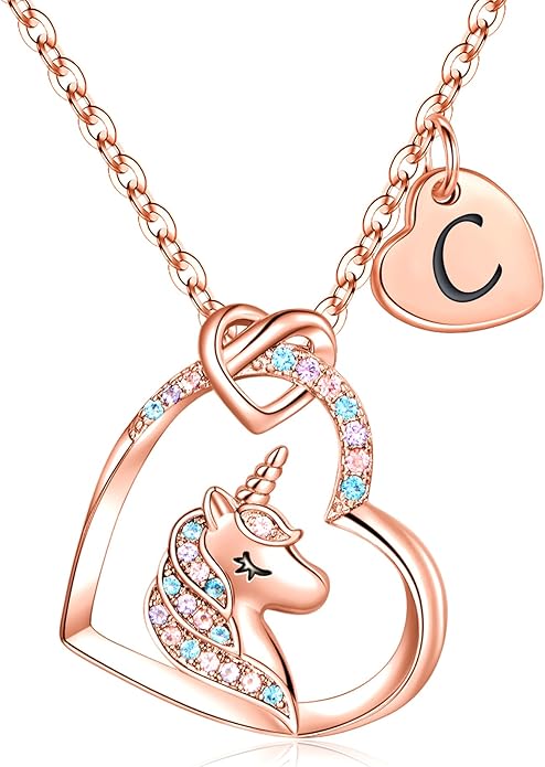 Hidepoo Unicorn Necklace Gifts for Girls - Colorful CZ Heart Pendant Initial Unicorns Necklaces for Teens Little Girls Jewelry Birthday Gift for Girl Daughter Granddaughter Niece