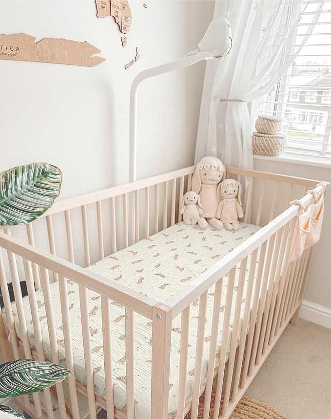 Mini Crib Sheets for Baby Boy Girl 2 Pack, Neutral Mini Crib Mattress Sheet 24" x 38", Muslin Nursery Bedding Soft and Breathable Comfort (Hopping Bunnies & Beige)