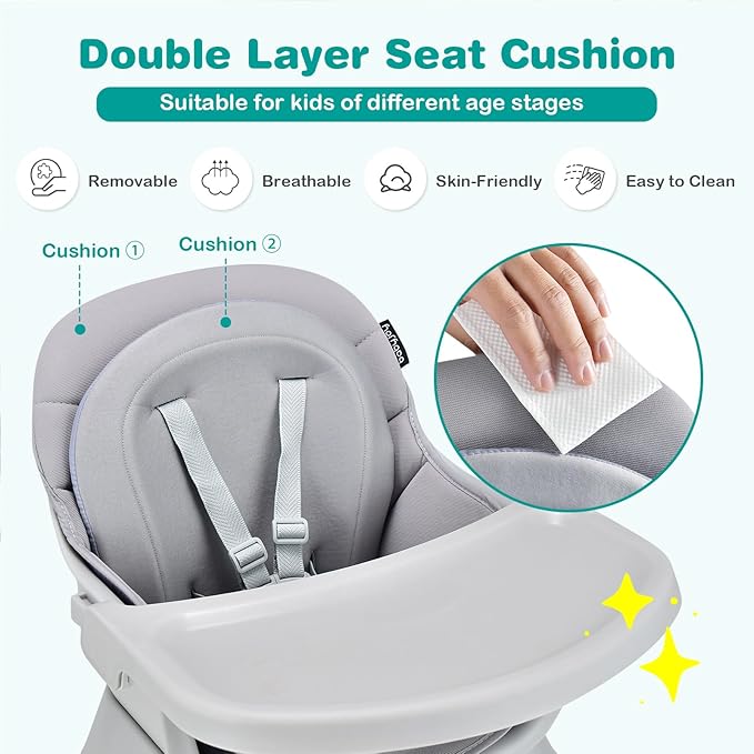 KOTEK Baby High Chair, 8 in 1 Convertible Highchairs for Babies and Toddlers, Building Block Table, Booster Seat, Toddler Chair with Removable Tray, Safety Harness, Dual Cushions (Gray)