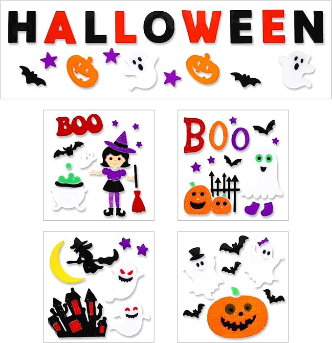 5 Pcs Halloween Window Clings Gel Stickers, Reusable Ghost Pumpkin Bat Witch Decals for Windows, Glass, Mirrors, Refrigerator, Halloween Party Decorations (Boo)