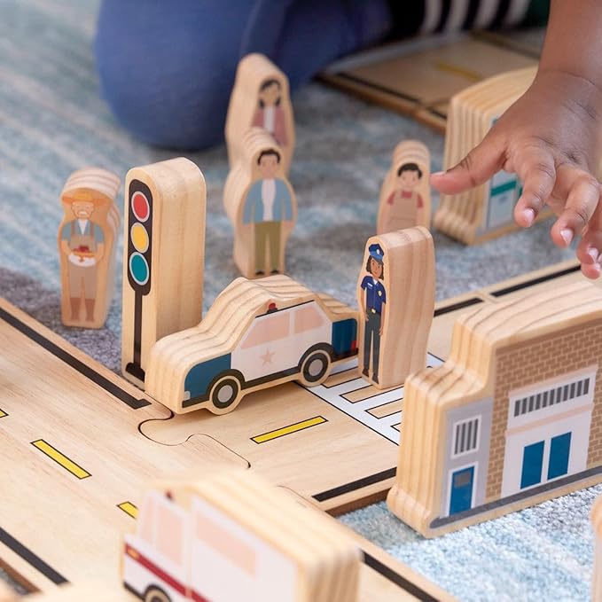 Kaplan Early Learning Community Block Set - 20 Pieces, Wooden Town Building Blocks for Dramatic Play and Storytelling, Includes School, Hospital, Bakery, Vehicles, and More for Toddlers, Ages 2+