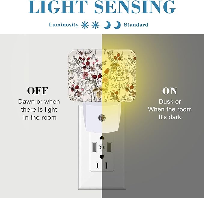 Vintage Flowers Plants Night Light, Butterfly Nightlight Plug into Wall with Dusk to Dawn Sensor for Kid Girls Boys Women Men Bedroom, Hallway, Kitchen, Bathroom, Stairs Decor