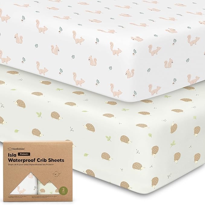2-Pack Waterproof Baby Crib Sheets for Boys, Girls - 52x28 Viscose Derived from Bamboo Toddler Bed Sheet Neutral, Fitted Crib Mattress Protector Cover for Baby Bedding, Soft & Gentle (Nibbles/Bruce)