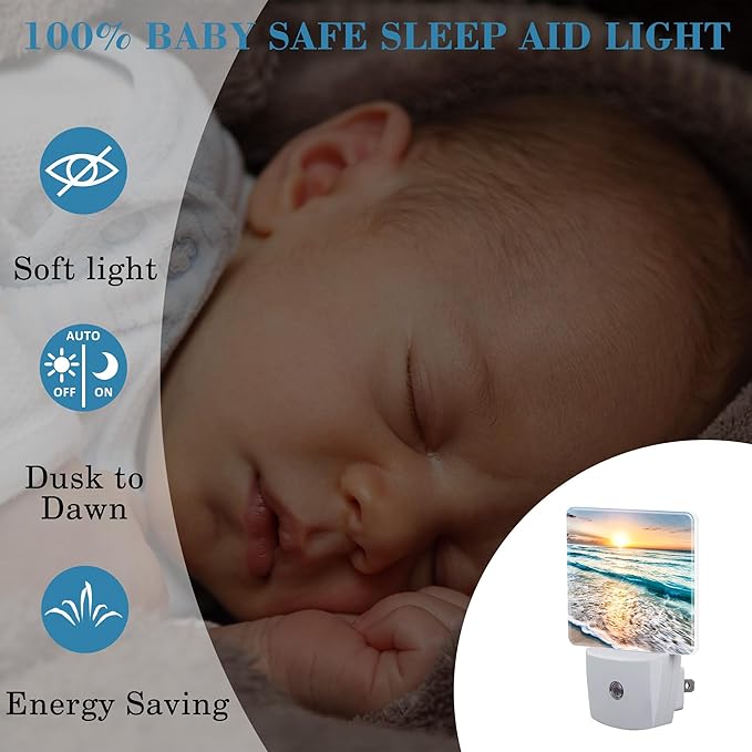 Beautiful Sunrise Over Beach Night Light Plug into Wall with Dusk to Dawn Sensor Cute Nightlight for Kid Girls Boys Women Men Room Decor, Hallway, Kitchen, Bathroom, Nursery, Stairs