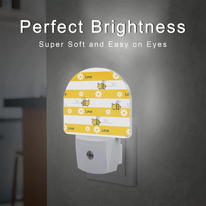 Cartoon Bees with Daisy Flowers Night Light Plug into Wall, Yellow Floral Bee Love Dusk to Dawn Night Light,0.5w Energy Saving Sleep Friendly Nightlights for Kids Boys Girls Home Decor
