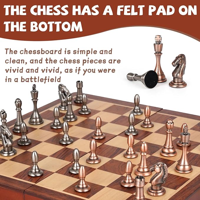 12-Inch Metal Chess Set Pieces – Wooden Chess Board Set Folding Travel Chess Sets,Metal Bronze & Silver Chessmen, Bonus 2 Extra Queens, Portable and Durable Classic Chess Game for Kids and Adults