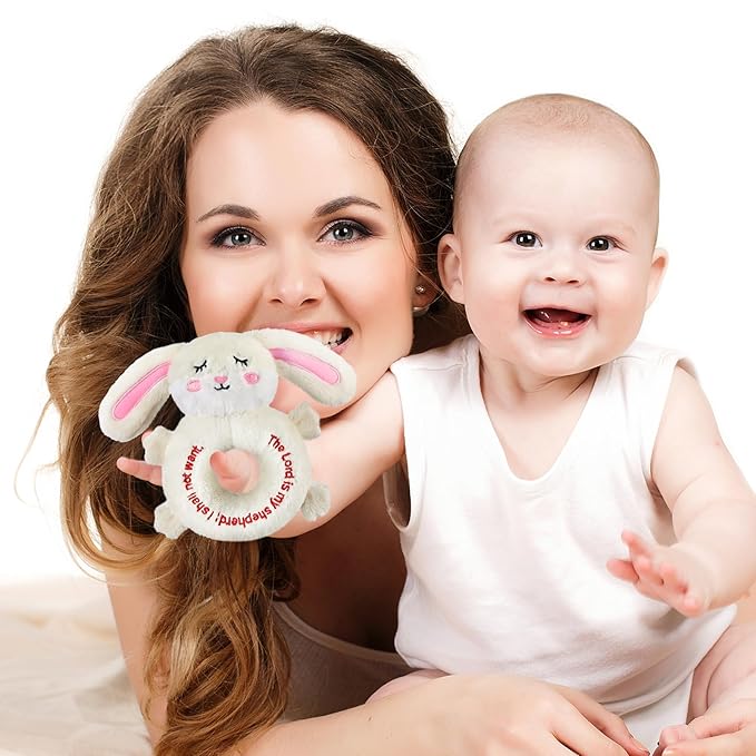 Karenhi Bunny Stuffed Animal Little Rabbit Stuffed Animal Baptism Christening Gift for Girls Praying Baptism Soft Rabbit Plush Snuggle Religious God's Bunny with Embroidered Baby Shower Nursery Decor