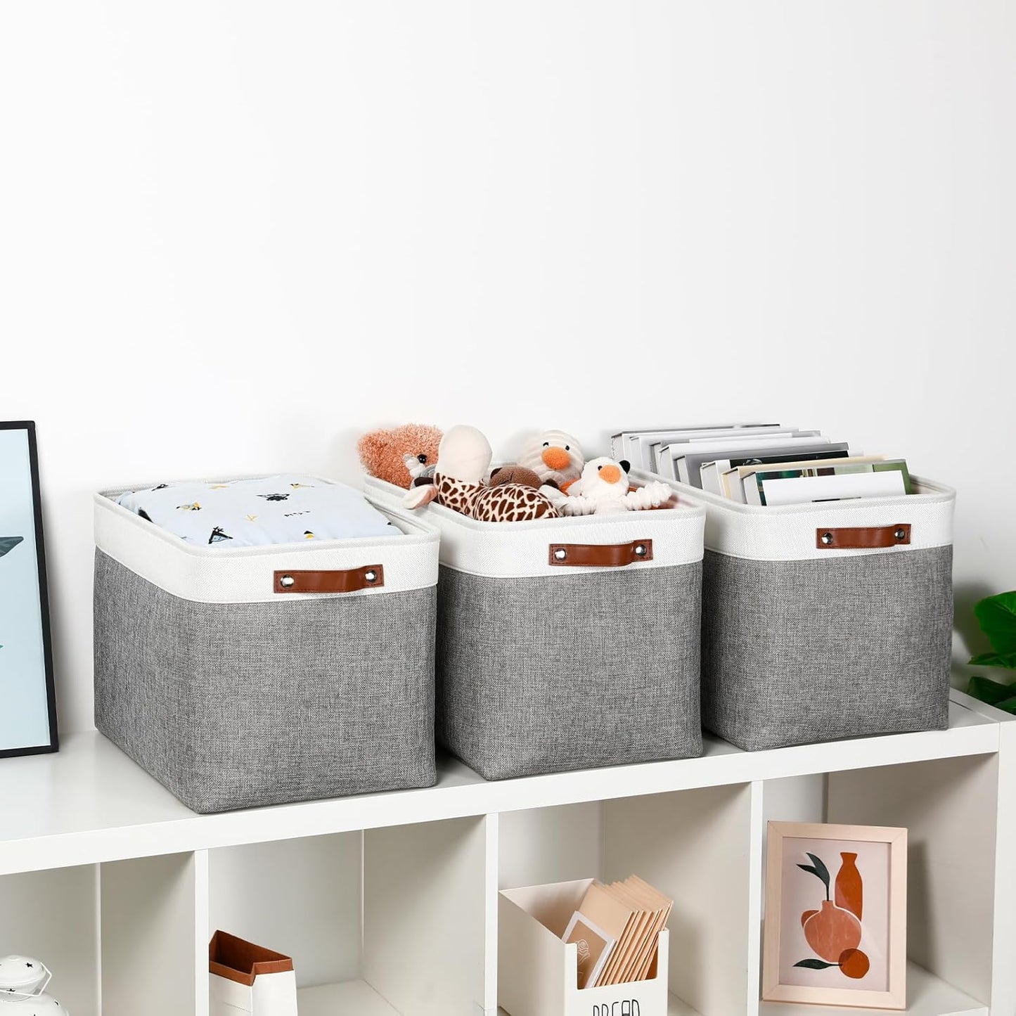 DULLEMELO Large Storage Baskets, Fabric Storage Basket with Leather Handles for Shelves Closet Nursery Toy Storage, Collapsible Fabric Baskets for Toy Book Magazine Towel Organizers(White&Gray)