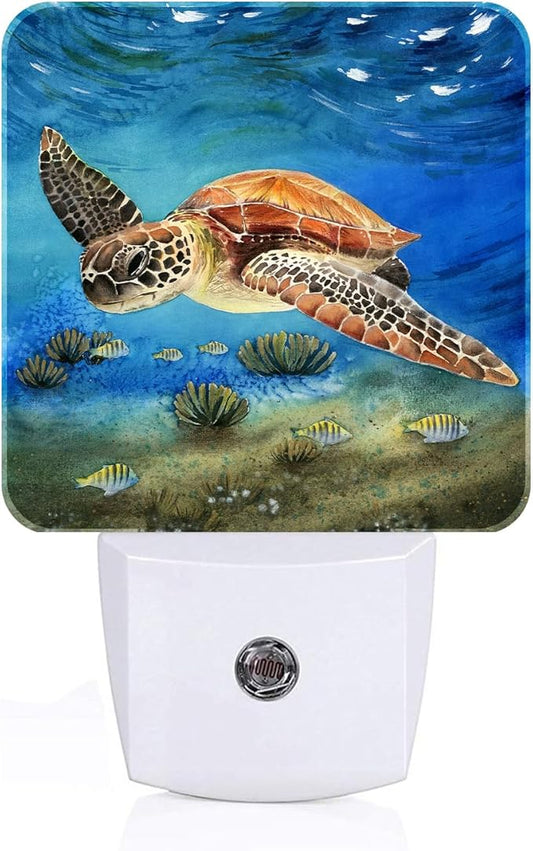 Sea Turtle Corals Fish Night Light,Plug Into Wall for Boys Girls Bedroom Decorative Square Night Light Lamp 0.5w Sleep Friendly