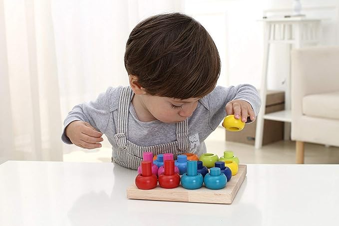 Wooden Color Sorting Stacking Rings Board Educational Learning Counting Toys Puzzle Games for 1 Year Old Preschool Kids Children Gift