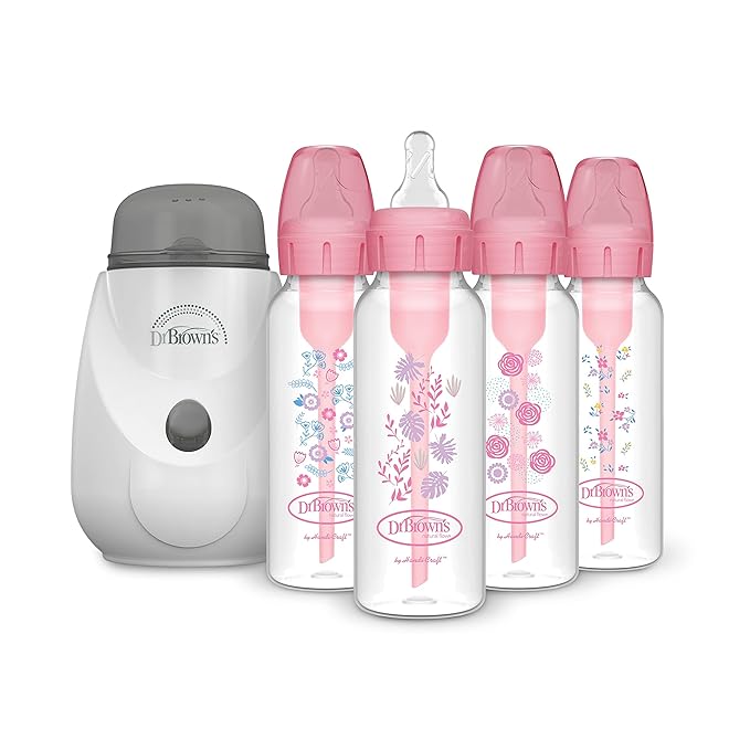 Dr. Brown’s Insta-Feed Bottle Warmer and Sterilizer with Anti-Colic Options+ Narrow Baby Bottles 8 oz/2500 mL, with Level 1 Slow Flow Nipple, 4 Pack, Pink Floral, 0m+
