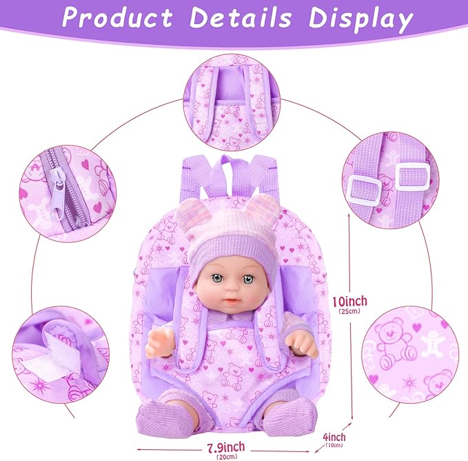 12'' Baby Doll with Bear Pattern Backpack in Gift Box,Including Clothes Accessories, Backpack, Baby Bottle, Pacifier, Hat, Socks, and Handkerchief for 3+ Child Girls Gifts
