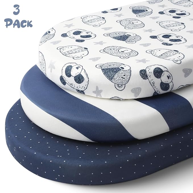 Yoofoss Bassinet Sheets for Baby,3-Pack Fitted Bassinet Sheets Set Compatible with Halo Bassinest Swivel Sleeper,Baby Delight,Angelbliss,Soft Breathable Bassinet Mattress Sheets(Stripes + Panda)