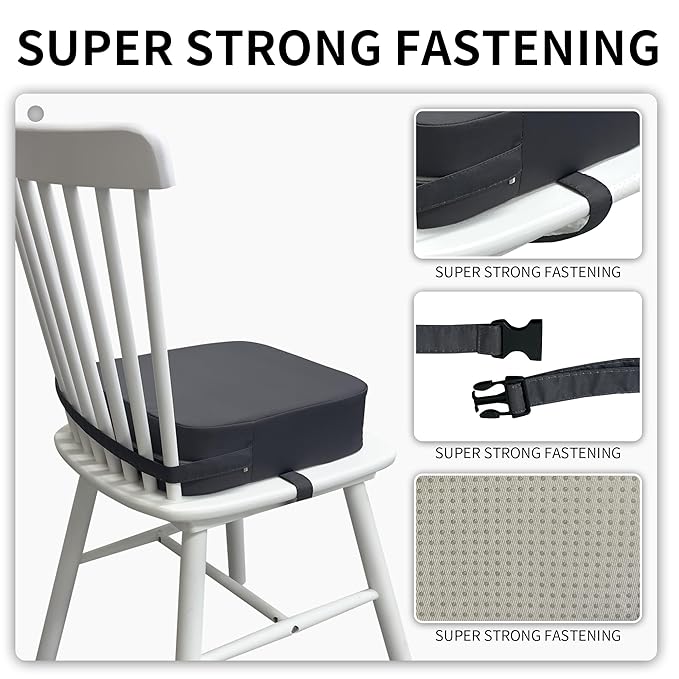 Toddler Booster Seat for Kitchen Chair, 3.5" Oxford Foam Cushion, Non-Slip Base, Adjustable Straps, Portable Dining Booster for Self-Feeding Toddlers at Home or on The Go (Dark Grey)
